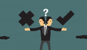 Businessman in dilemma choosing between right and wrong path. Metaphor vector illustration for business ethics in cartoon style.