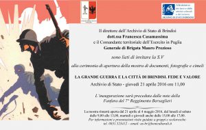 La Grande Guerra e la città di Brindisi. Fede e valore: mostra di documenti e cimeli all’Archivio di Stato di Brindisi