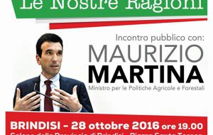 Referendum: il Ministro Maurizio Martina venerdì a Brindisi a sostegno delle ragioni del Sì