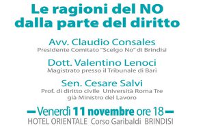 Le Ragioni del No dalla parte del diritto: relazionano a Brindisi Valentino Lenoci e Cesare Salvi