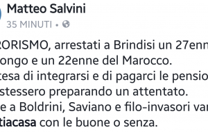 Salvini sull’operazione antiterrorismo della Digos di Brindisi: “#tuttiacasa con le buone o senza”