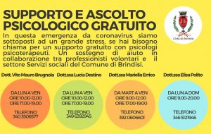 Coronavirus: si amplia l’offerta di assistenza psicologica gratuita nel Comune di Brindisi