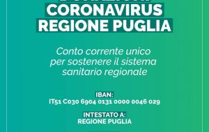 Coronavirus, Regione Puglia: un conto corrente unico per sostenere il sistema sanitario regionale