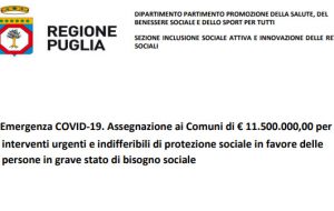 Coronavirus: la Giunta Regionale stanzia 11,5 milioni per le famiglie in difficoltà. Ecco Comune per Comune quanto arriva in provincia di Brindisi
