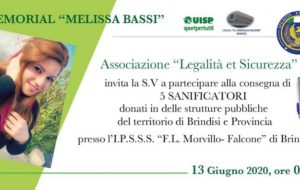 8^ Memorial Melissa Bassi: sabato 13 l’Ass. “Legalità et Sicurezza” consegna 5 generatori di ozono