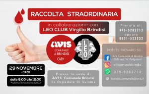 AVIS: Domenica 29 raccolta straordinaria di sangue presso l’ex ospedale Di Summa