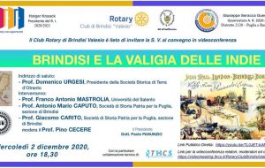 Brindisi e la Valigia delle Indie: se ne parla oggi nel convegno in videoconferenza organizzato dal Club Rotary di Brindisi Valesio
