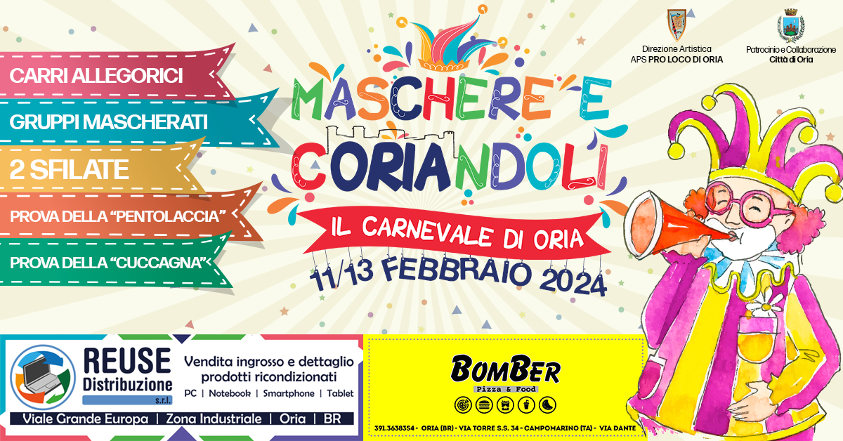 Maschere e Coriandoli 2024: Tutto pronto per la grande festa del Carnevale  di Oria