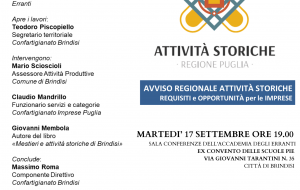 Confartigianato martedì 17 incontro sul bando “Aziende storiche”. Tra gli ospiti Giovanni Membola autore del libro “Mestieri e attività storiche di Brindisi”