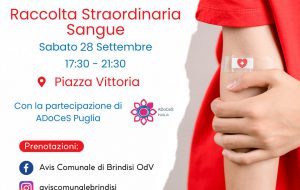 Avis Brindisi: il 28 settembre 2024raccolta di sangue in Piazza Vittoria