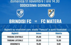 Brindisi-Matera: non più di 200 tifosi ospiti al Fanuzzi. I prezzi dei biglietti