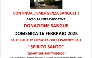 Domenica 16 febbraio raccolta straordinaria sangue presso la parrocchia di Sant’Angelo