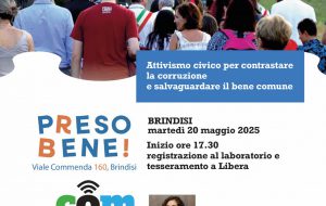 Martedì 20 Maggio a Brindisi Libera organizza laboratorio di anticorruzione e monitoraggio civico