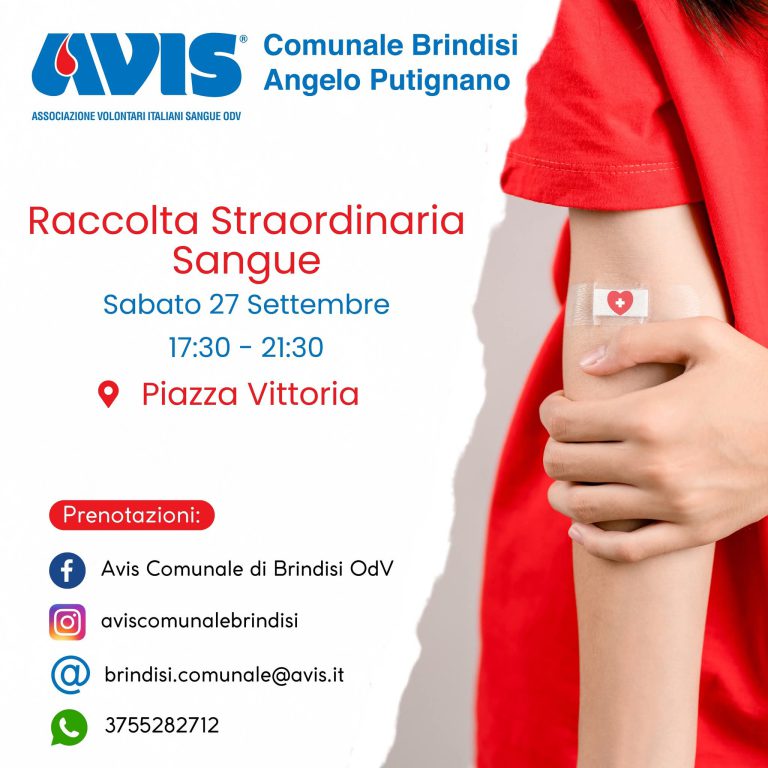 Avis: Sabato 27 settembre raccolta sangue in Piazza Vittoria