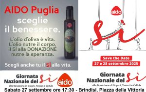 Giornata Nazionale del Si: sabato 27 settembre Aido Brindisi incontra i cittadini in Piazza della Vittoria