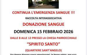 Avis: domenica 15 febbraio raccolta straordinaria sangue presso la parrocchia di Sant’Angelo
