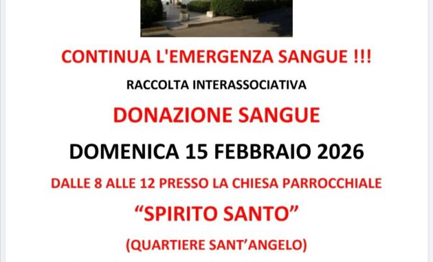 Avis: domenica 15 febbraio raccolta straordinaria sangue presso la parrocchia di Sant’Angelo