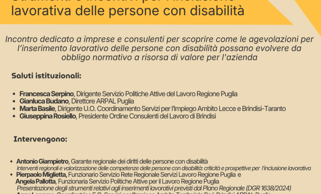 Brindisi, il 19 maggio l’incontro “Barriere Zero” dedicato all’inclusione lavorativa delle persone con disabilità