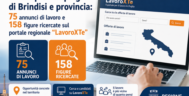 Centri per l’impiego di Brindisi e provincia: 75 annunci di lavoro e 158 figure ricercate sul portale regionale “LavoroXTe”