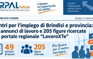 Centri per l’impiego di Brindisi e provincia: 49 annunci di lavoro e 205 figure ricercate sul portale regionale “LavoroXTe”
