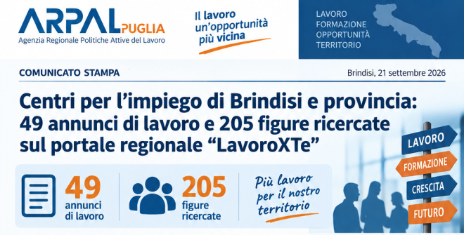 Centri per l’impiego di Brindisi e provincia: 49 annunci di lavoro e 205 figure ricercate sul portale regionale “LavoroXTe”