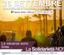 AVIS: sabato 26 settembre raccolta straordinaria di sangue in piazza Della Vittoria a Brindisi